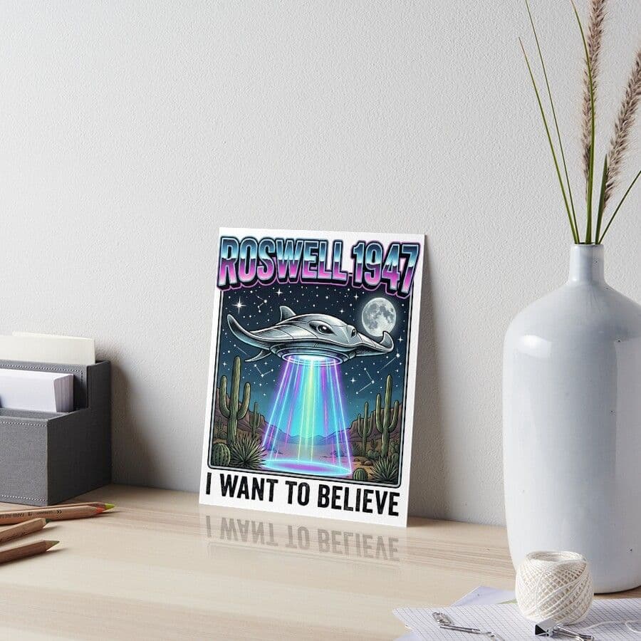 Roswell 1947 I Want To Believe Retro Cartoon Art Board Print